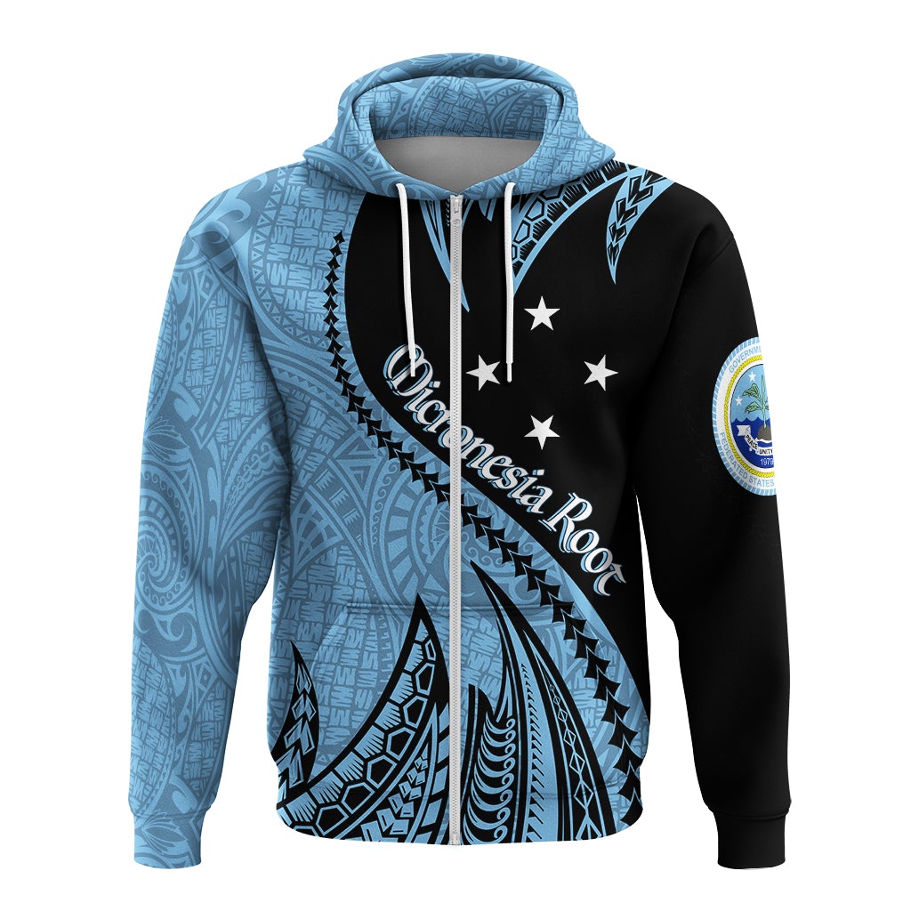 Blue-and-black zip-up hoodie with large hood print, front zipper, star accents