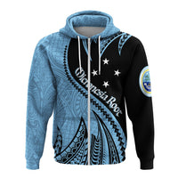 Blue-and-black zip-up hoodie with large hood print, front zipper, star accents