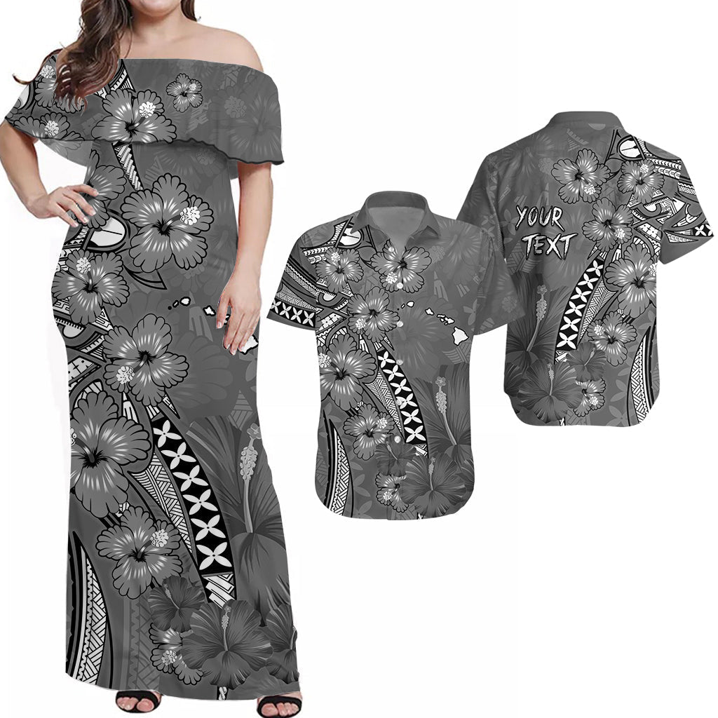 Gray off-shoulder maxi dress with large floral hibiscus and geometric stripe print
