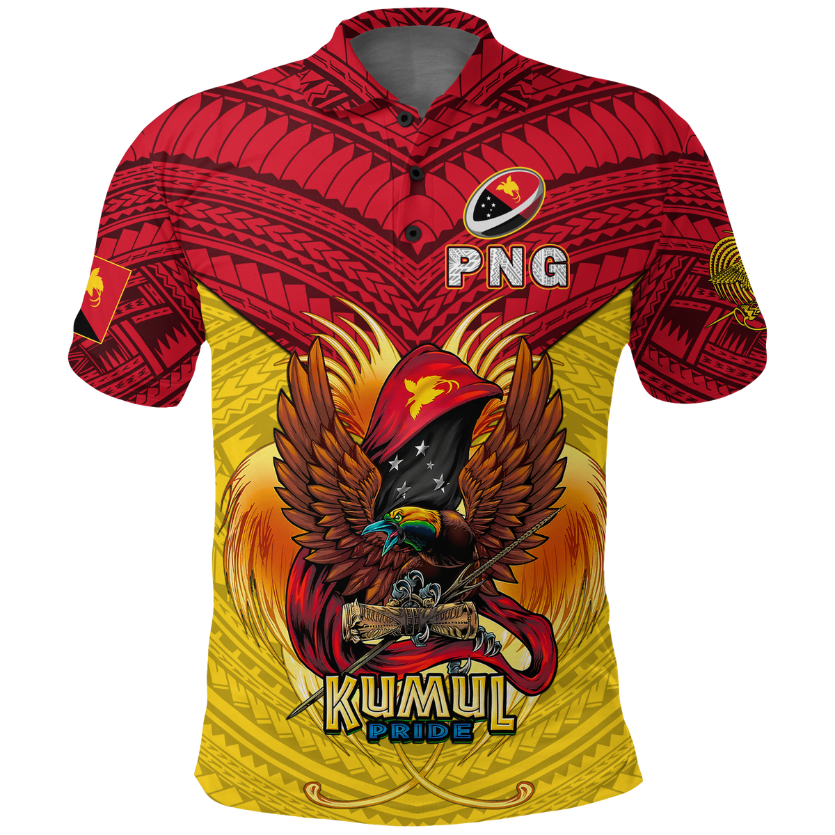 Red and yellow rugby polo shirt with button placket and Kumul Pride PNC chest graphic