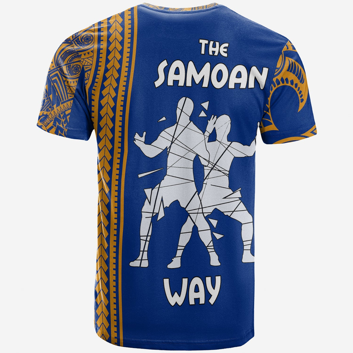 Blue T-shirt back print: “The Samoan Way” with group illustration and patterned border