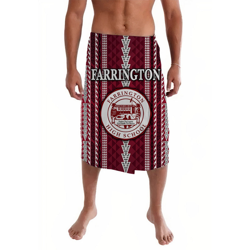 Maroon lavalava wrap skirt with school crest and geometric stripe print