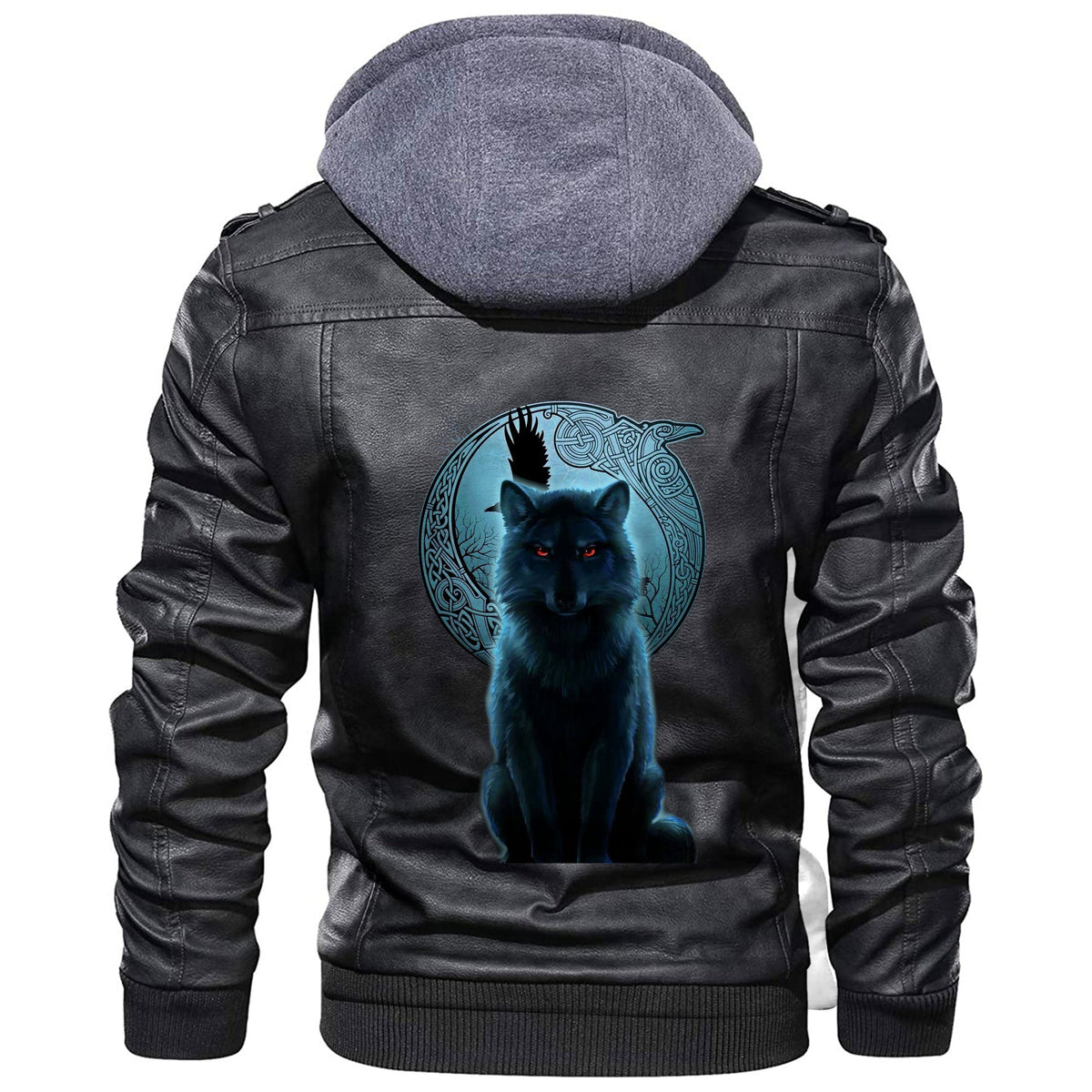 Black leather hooded jacket with back wolf and moon emblem print