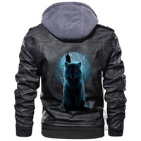 Black leather hooded jacket with back wolf and moon emblem print