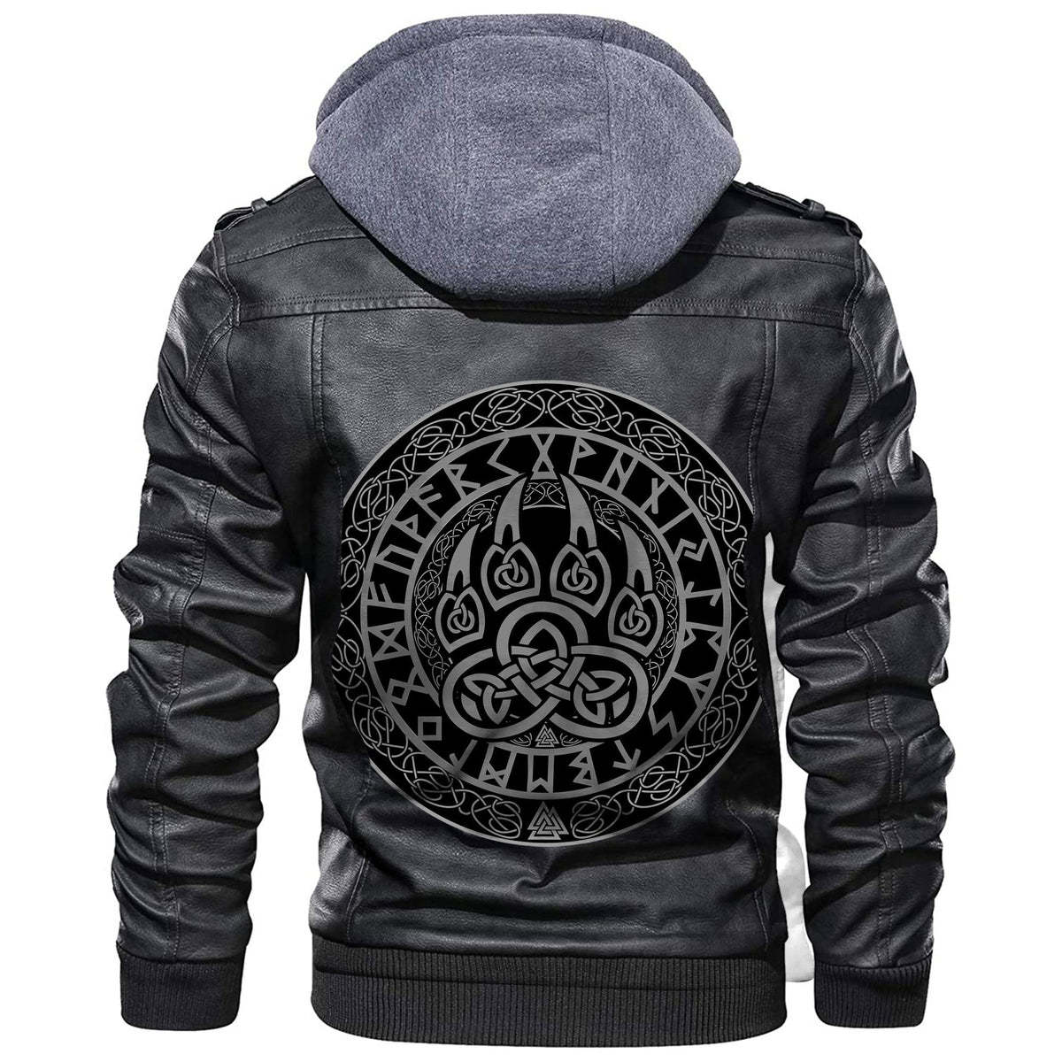 Black leather-look hoodie jacket with large circular Viking paw graphic on back