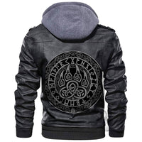 Black leather-look hoodie jacket with large circular Viking paw graphic on back