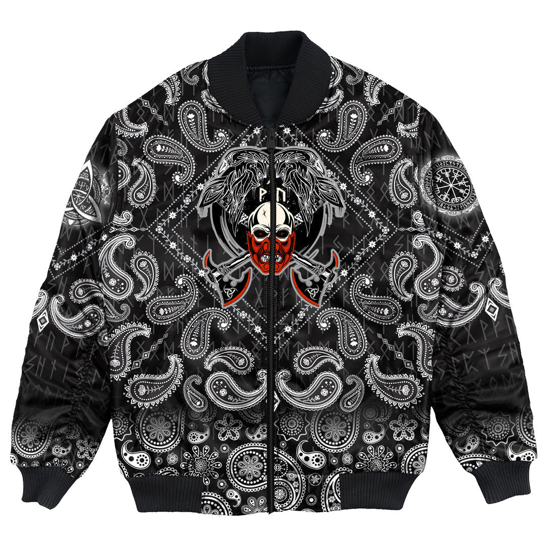 Viking Bomber Jacket Fighting Axes Raven Skull Fantasy Warrior Inscription Hero with Bandana Paisley Style RLT12 - Wonder Print Shop