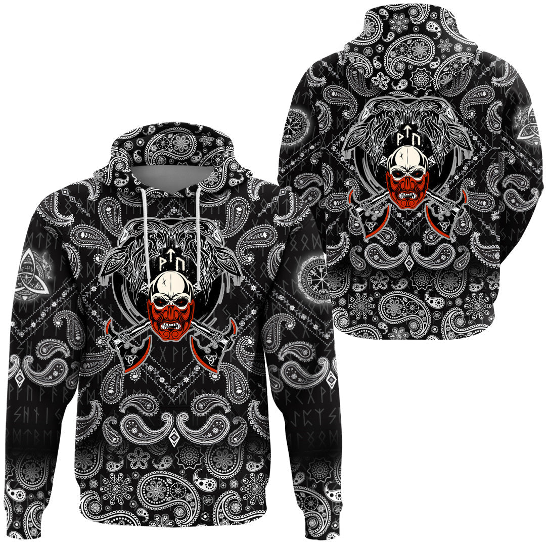 Viking Hoodie Fighting Axes Raven Skull Fantasy Warrior Inscription Hero with Bandana Paisley Style RLT12 - Wonder Print Shop