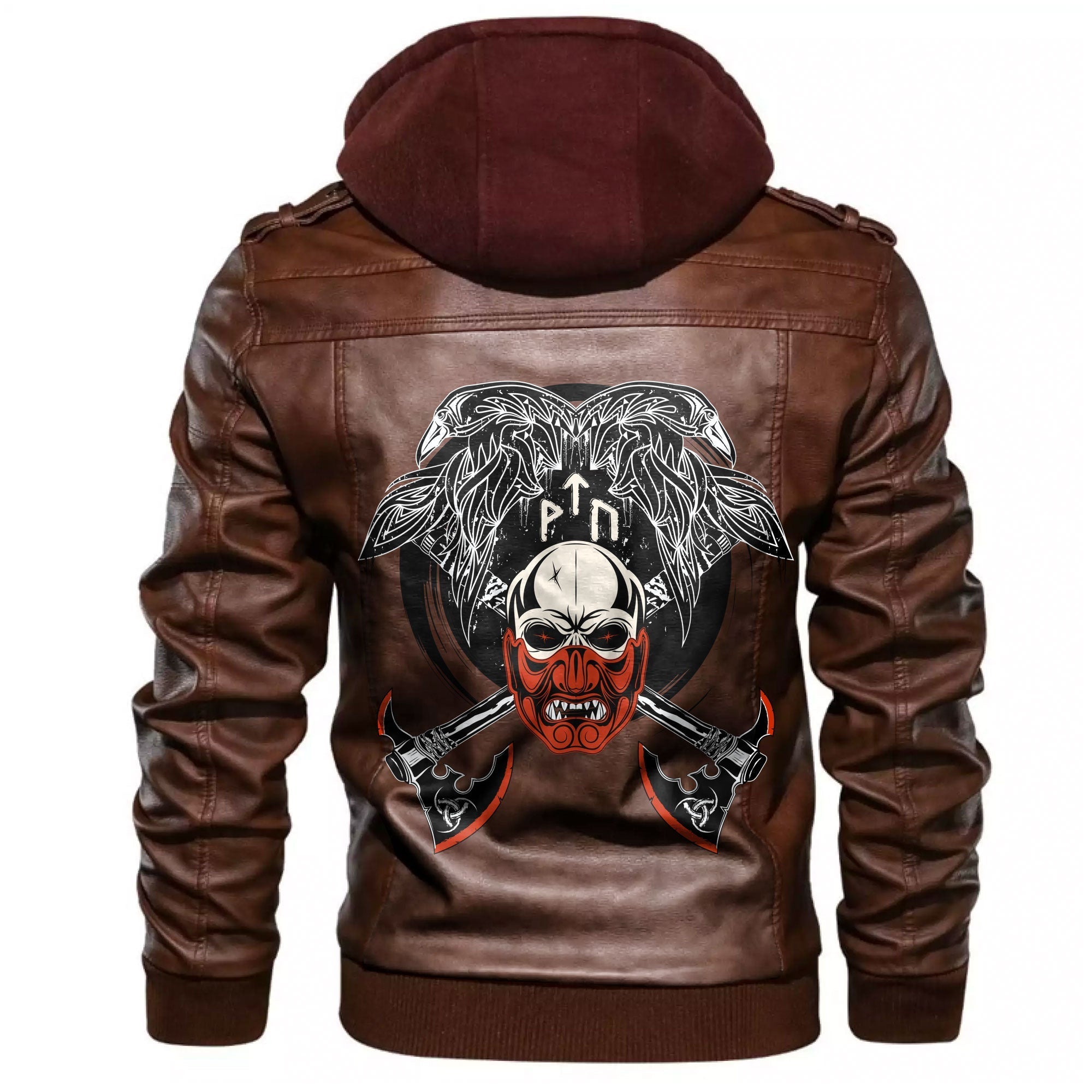 Viking Fighting Axes Raven Skull Fantasy Warrior Inscription Hero Leather Jacket RLT12 - Wonder Print Shop