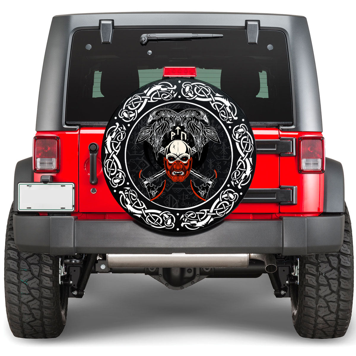 Viking Fighting Axes Raven Skull Fantasy Warrior Inscription Hero Viking Spare Tire Cover RLT12 - Wonder Print Shop