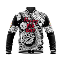 Black baseball jacket, ribbed cuffs, 'Happy Fiji Day' front graphic