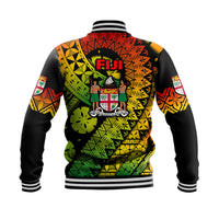 Back view Fiji Day baseball jacket, black sleeves, green-yellow patterned panels with crest