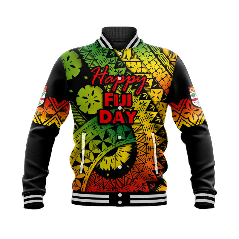Fiji Day baseball jacket with multicolor tiki pattern, Happy Fiji Day front, varsity collar