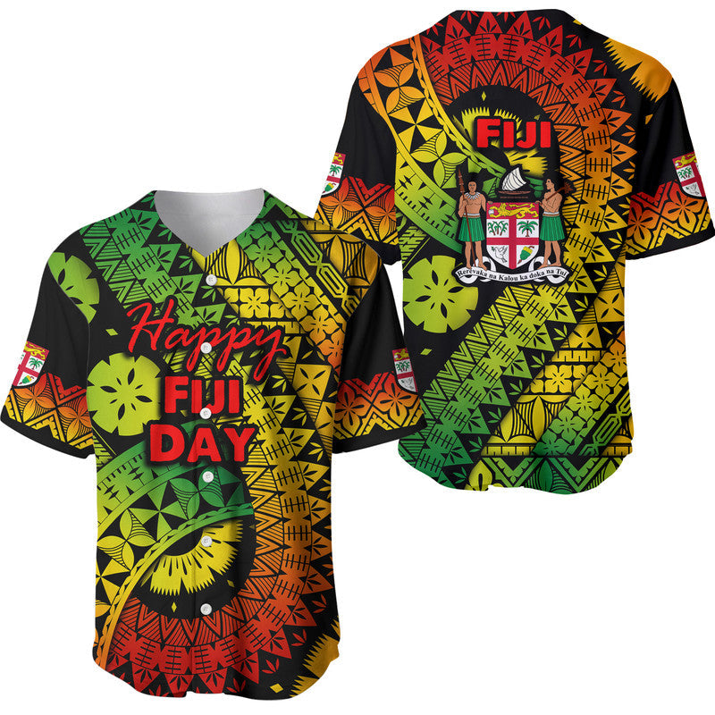 Fiji Day baseball jersey with bold Fiji Day logo, short sleeves, colorful reggae pattern