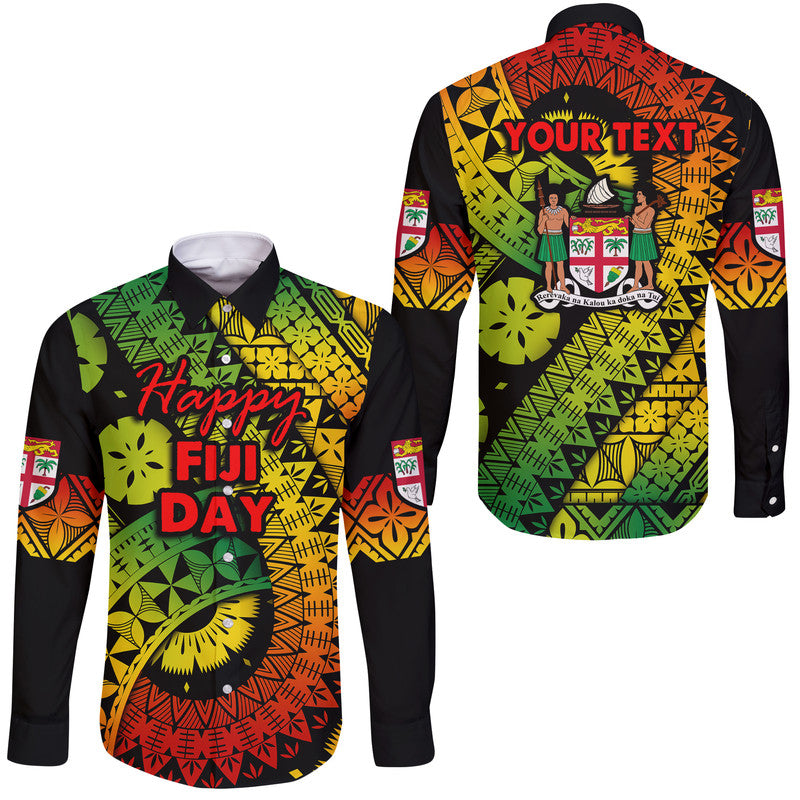 Long-sleeve button shirt with black base and colorful reggae-style island pattern