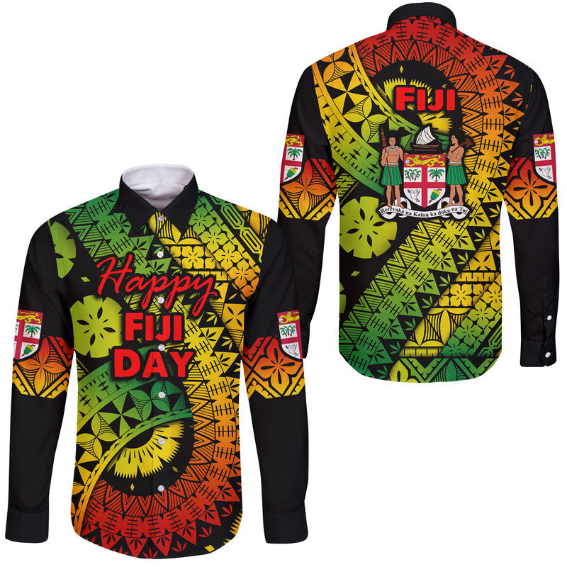 Long-sleeve button shirt, black with green, yellow, red geometric tropical print.