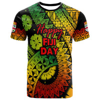 Happy Fiji Day graphic t-shirt with multicolor tribal pattern and black crew neck.