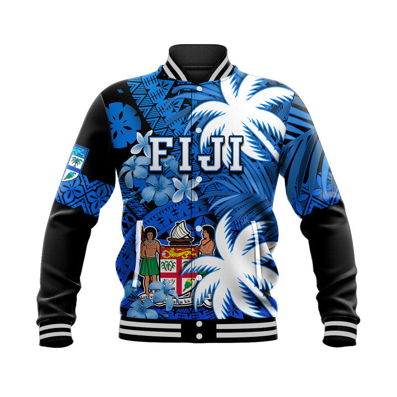 Unisex Fiji baseball jacket in blue/black with palm leaves and crest graphic