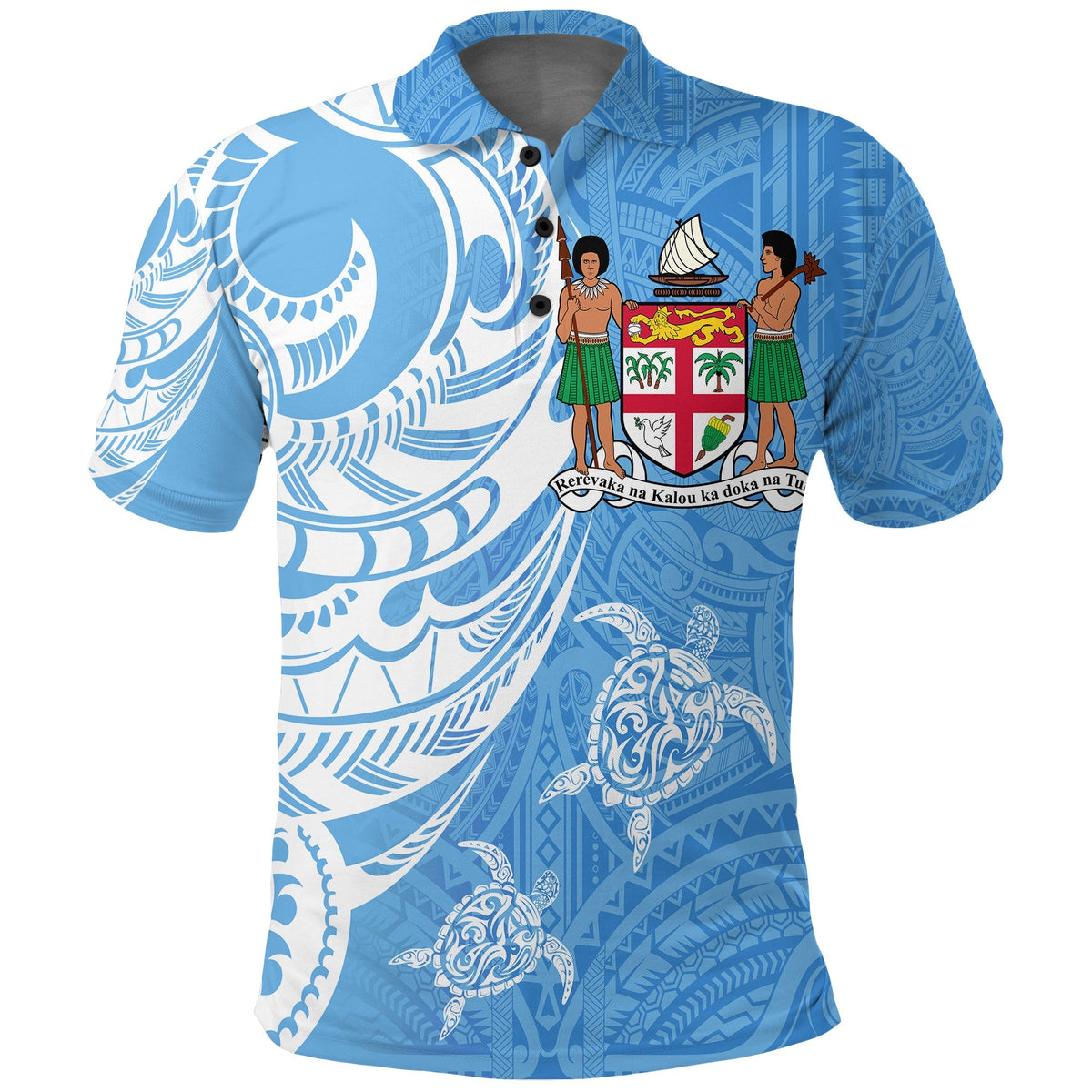 Turquoise Fiji polo shirt with coat of arms crest, short sleeves, button collar.