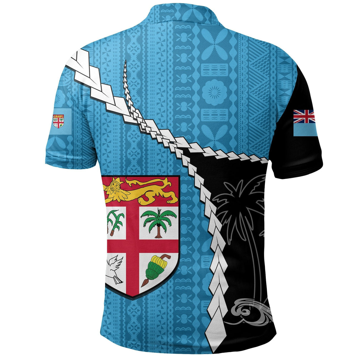 Fiji Masi rugby polo shirt back view, blue with black side panel and crest graphic
