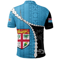 Fiji Masi rugby polo shirt back view, blue with black side panel and crest graphic