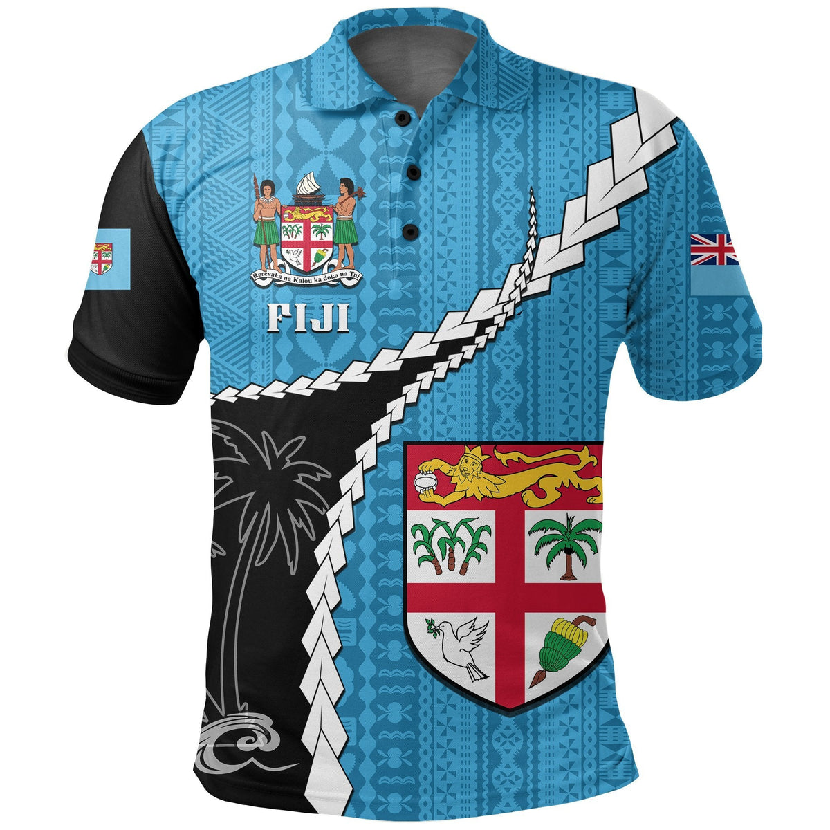 Fiji Masi rugby polo shirt, blue with black sleeves, crest and diagonal geometric stripe