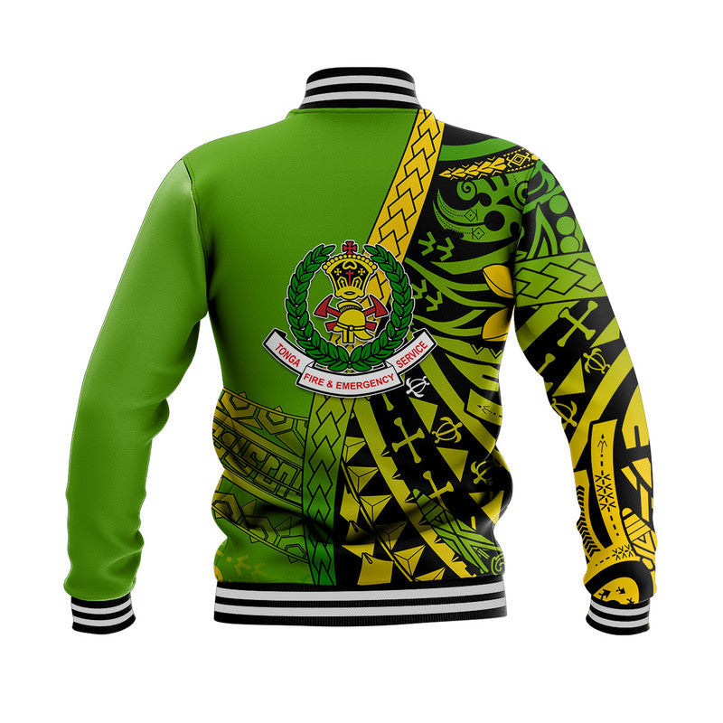 Back view green baseball jacket with fire & emergency crest and black/yellow Polynesian pattern