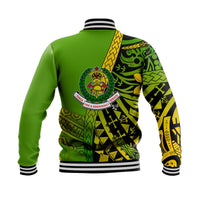 Back view green baseball jacket with fire & emergency crest and black/yellow Polynesian pattern
