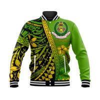 Green unisex baseball jacket with custom name, fire service crest, Polynesian pattern