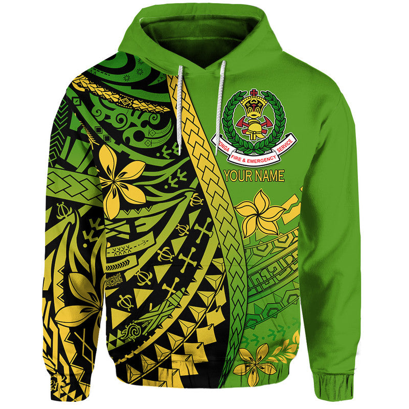Green pullover hoodie with tribal fire-emergency graphic and YOUR NAME text