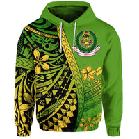 Green pullover hoodie with front fire & emergency crest and Polynesian pattern graphics