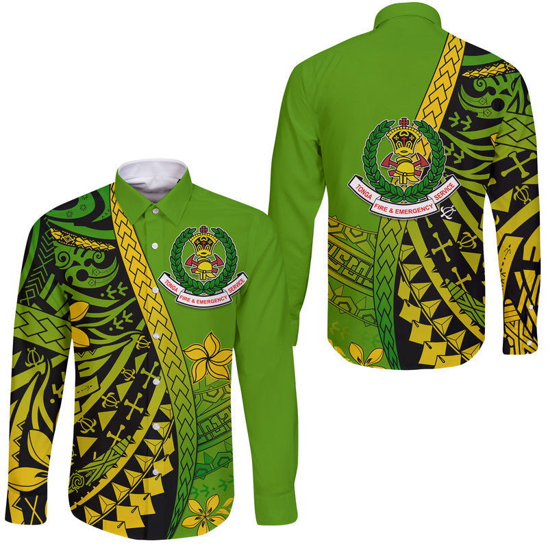 Green long-sleeve button shirt with Polynesian tribal pattern and fire-service badge