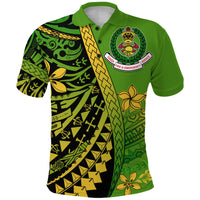 Green polo shirt with front crest patch and Polynesian-style tribal panel print