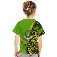 Kids green T-shirt back with Polynesian geometric print and fire-emblem logo, short sleeves.