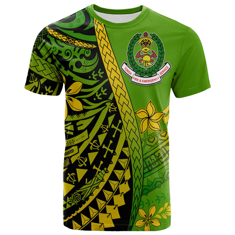 Green T-shirt with Polynesian geometric print and chest fire-emblem logo, short sleeves.