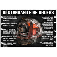 Horizontal fire orders poster: '10 Standard Fire Orders' with numbered firefighter instructions