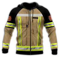 Firefighter zip hoodie with tan front, neon reflective stripes, black hood and cuffs