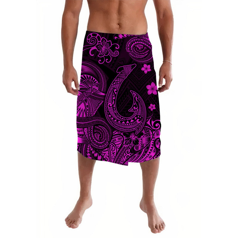 Patterned lavalava skirt with purple and pink tribal designs on black background