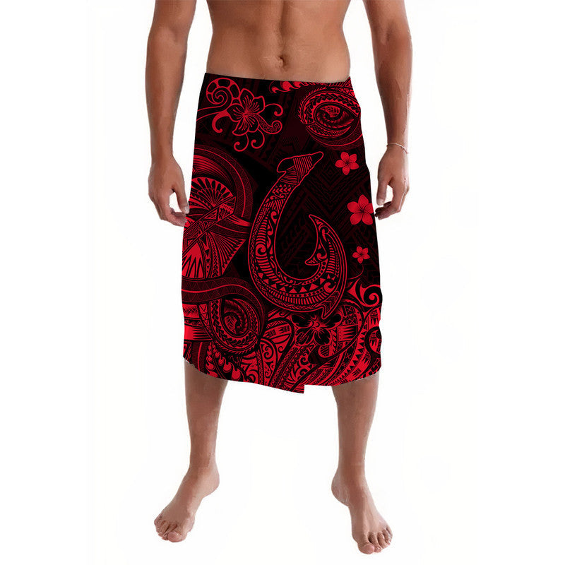 Red and black Polynesian-style sarong with tribal fish hook and floral print