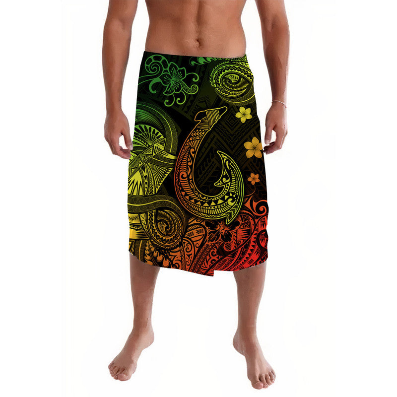 Men's lavalava wrap skirt with black background, colorful Polynesian fish and floral print
