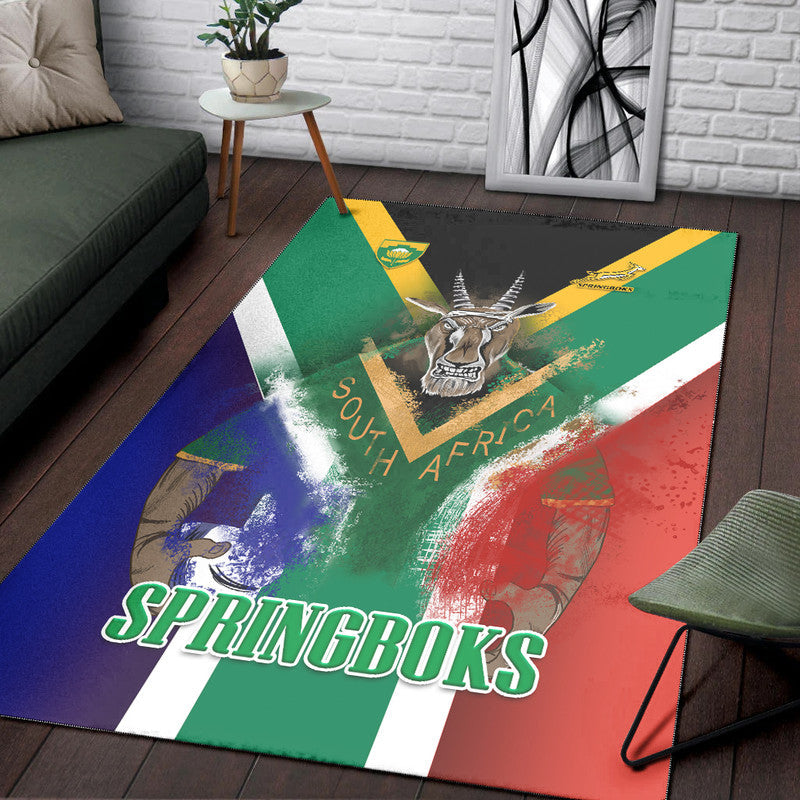 Rectangular Springboks flag area rug with colorful green, yellow, black, red, blue design