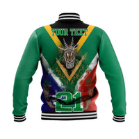 Green baseball jacket back with black ribbed collar, large tri-color crest and 'YOUR TEXT'