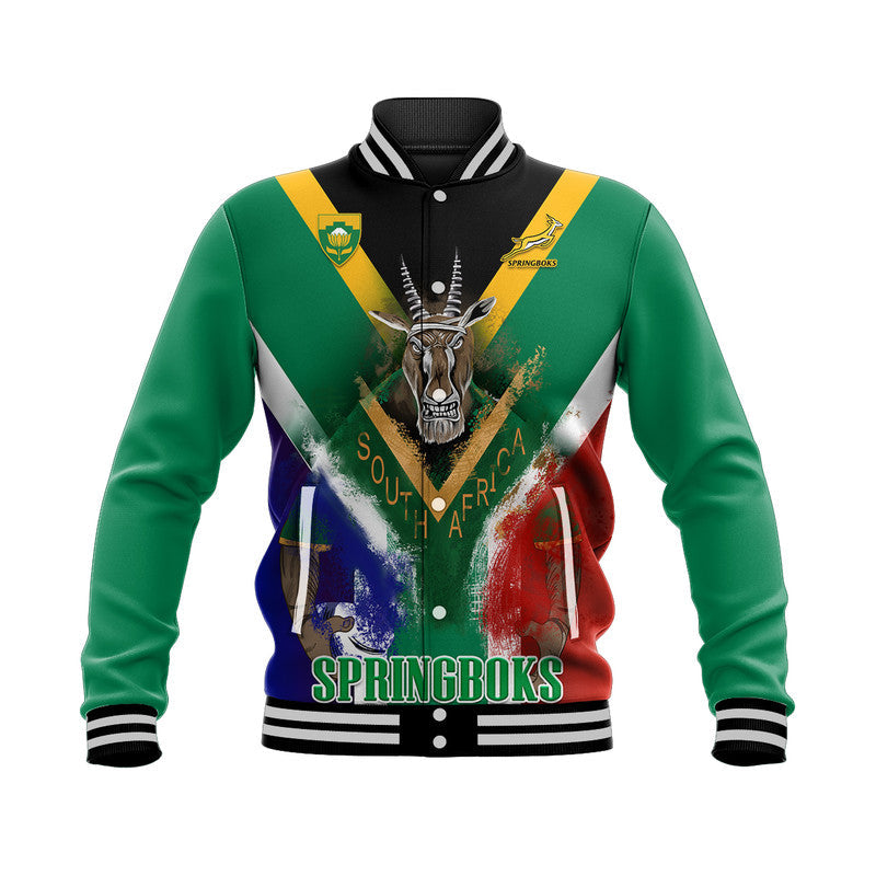 Unisex green and black baseball jacket with varsity collar and Springboks skull graphic
