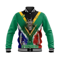 Unisex green and black baseball jacket with varsity collar and Springboks skull graphic