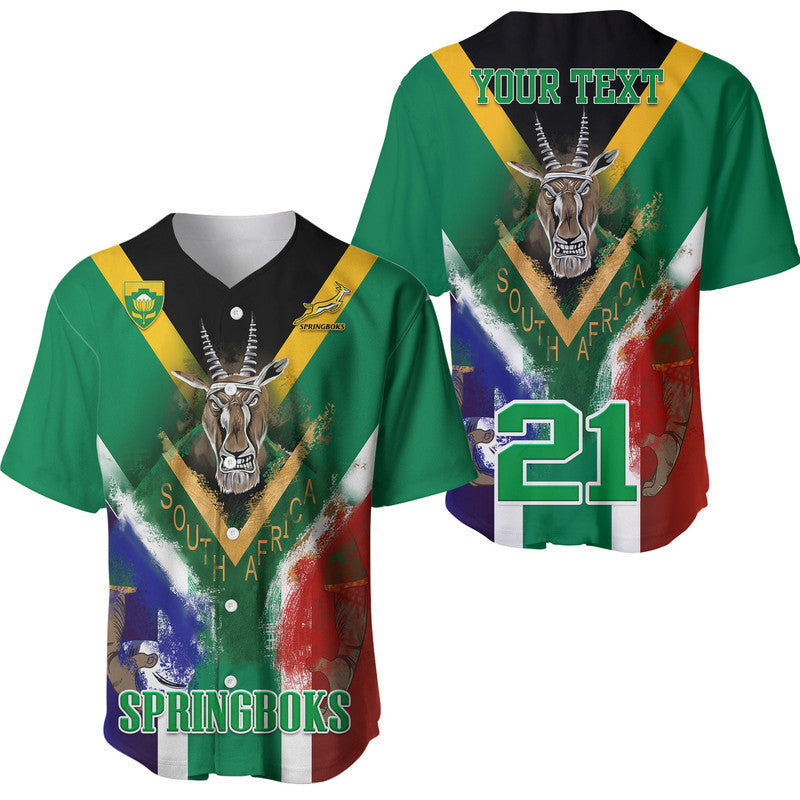 Green rugby baseball jersey with South Africa flag style, springbok head graphic and number 21
