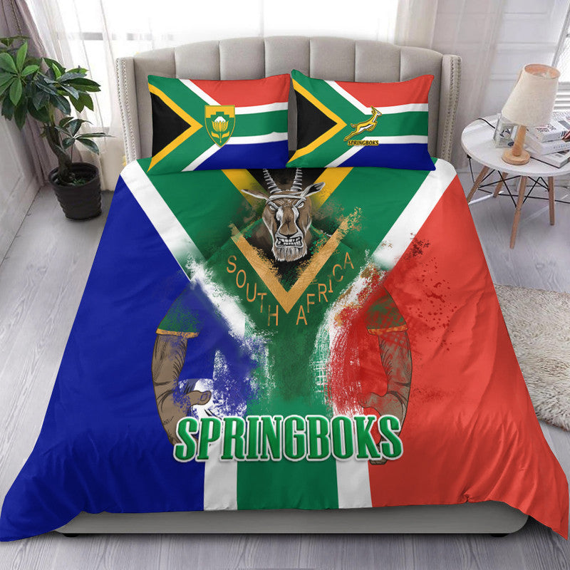 Rugby bedding set with South Africa flag design, Springboks text, and two matching pillows