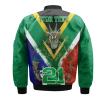 Green bomber jacket back with South Africa flag graphic, YOUR TEXT and number 21