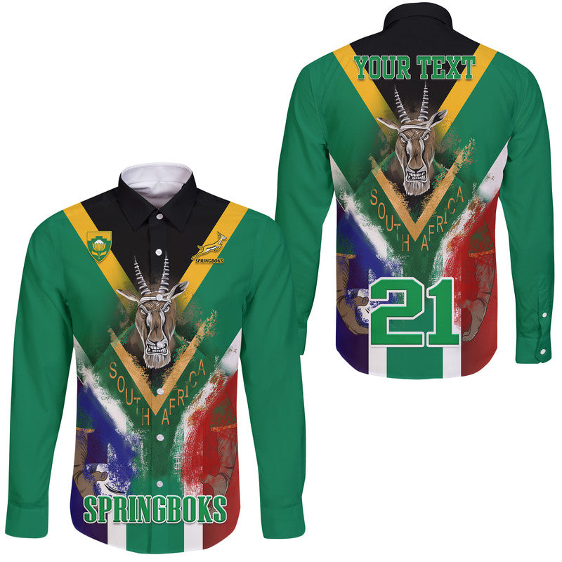 (Custom Personalised) South Africa Springboks Rugby Hawaii Long Sleeve Button Shirt Bokke Flag Style - Wonder Print Shop