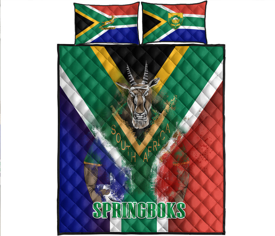Rugby quilt bed set with Springboks flag design, green red blue quilt and 2 pillows