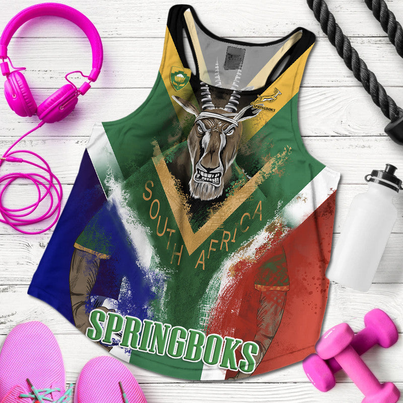 Women racerback tank in green with multicolor flag graphic and Springboks lettering